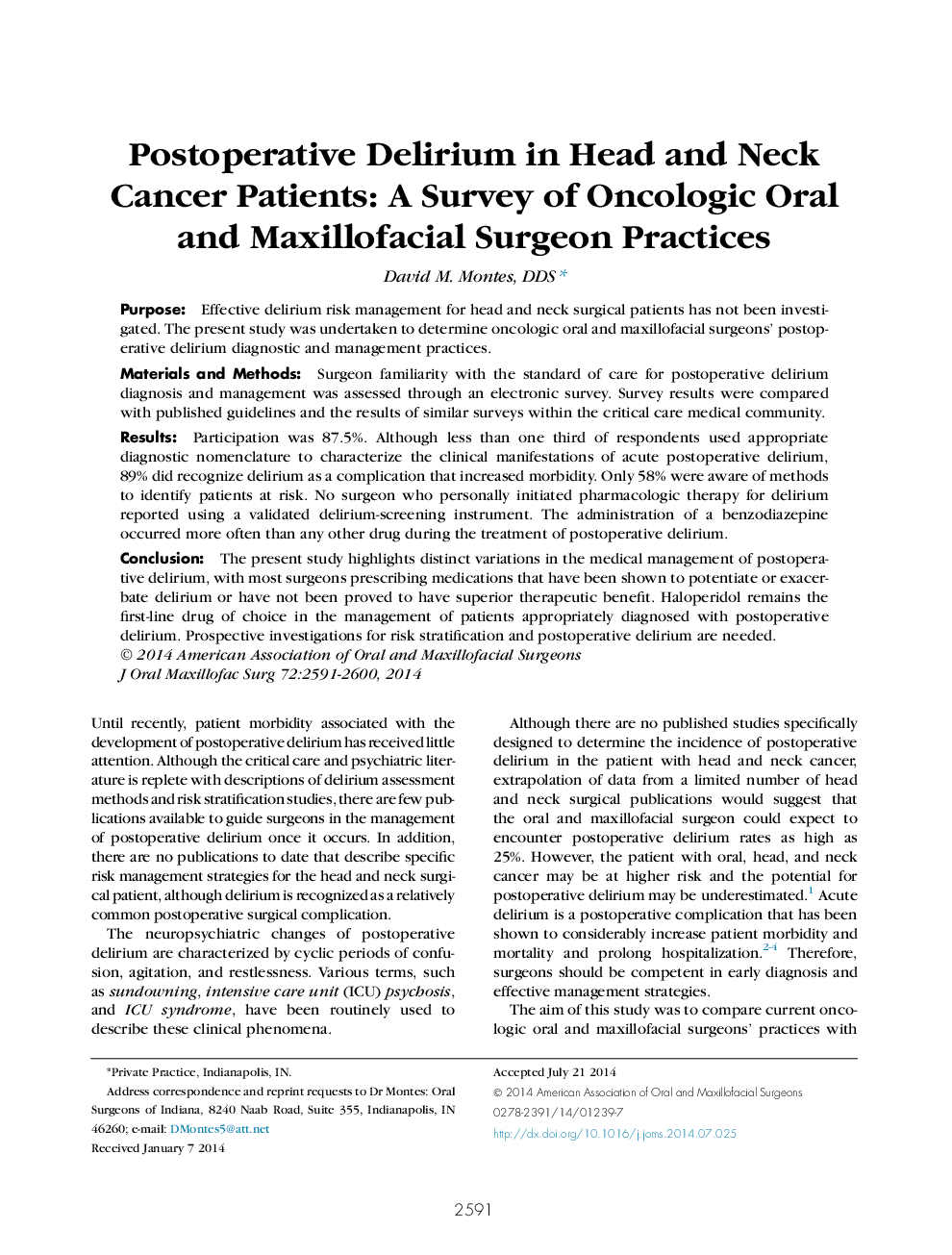 Postoperative Delirium in Head and Neck Cancer Patients: A Survey of Oncologic Oral and Maxillofacial Surgeon Practices