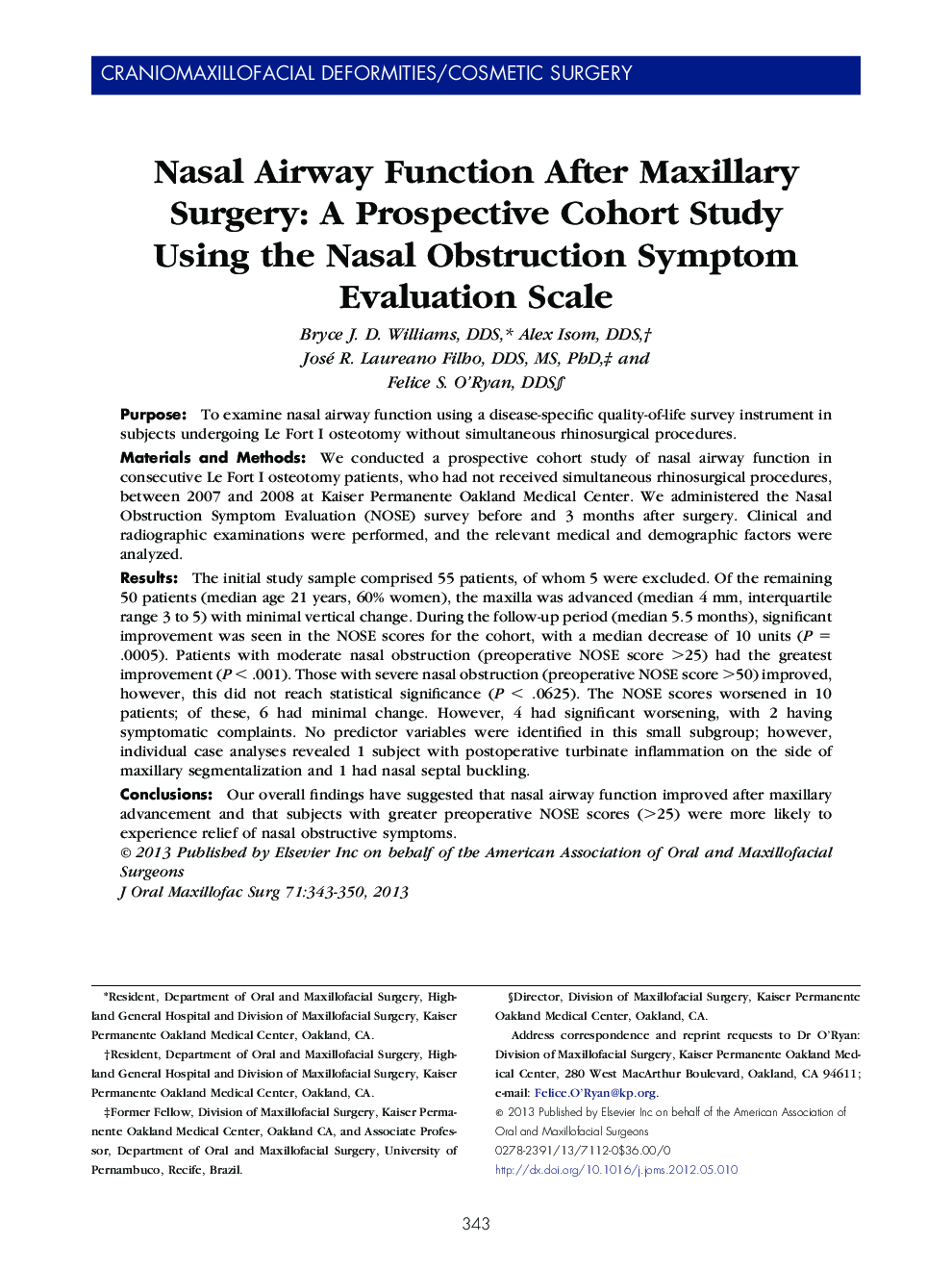 Nasal Airway Function After Maxillary Surgery: A Prospective Cohort Study Using the Nasal Obstruction Symptom Evaluation Scale