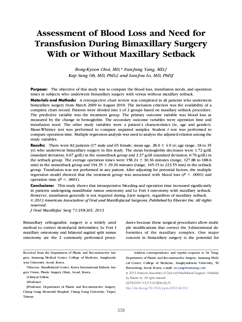 Assessment of Blood Loss and Need for Transfusion During Bimaxillary Surgery With or Without Maxillary Setback