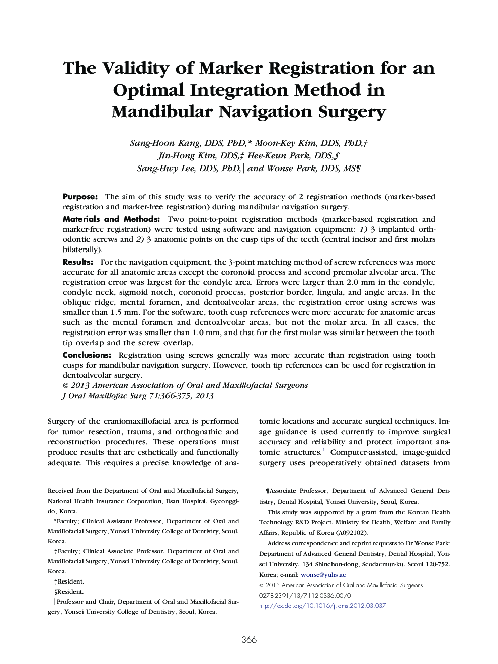 The Validity of Marker Registration for an Optimal Integration Method in Mandibular Navigation Surgery 