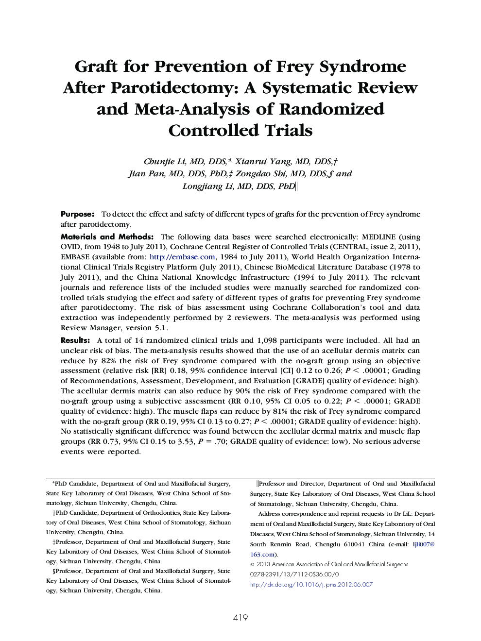 Graft for Prevention of Frey Syndrome After Parotidectomy: A Systematic Review and Meta-Analysis of Randomized Controlled Trials