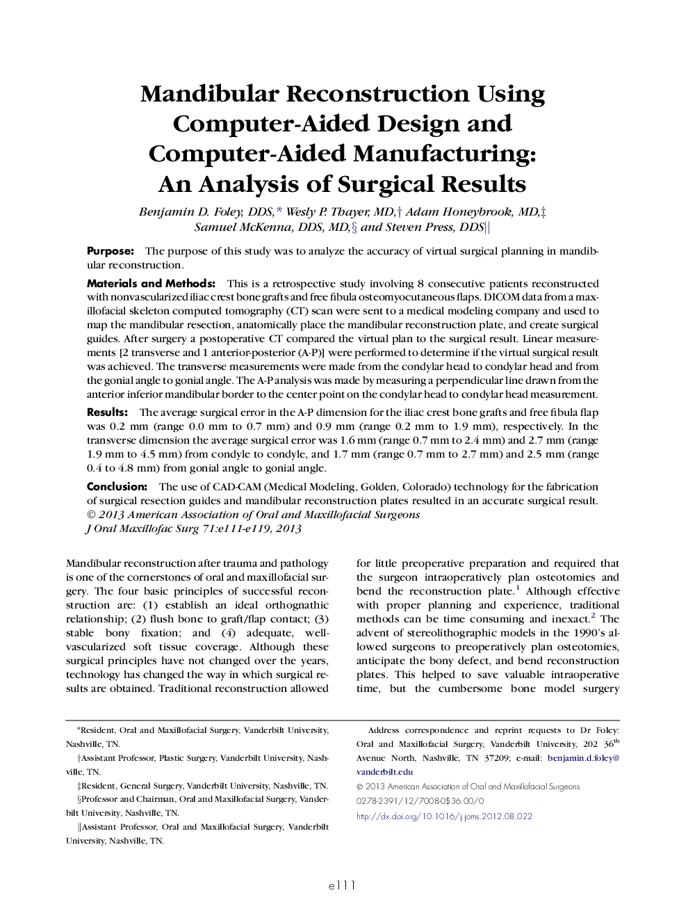 Mandibular Reconstruction Using Computer-Aided Design and Computer-Aided Manufacturing: An Analysis of Surgical Results