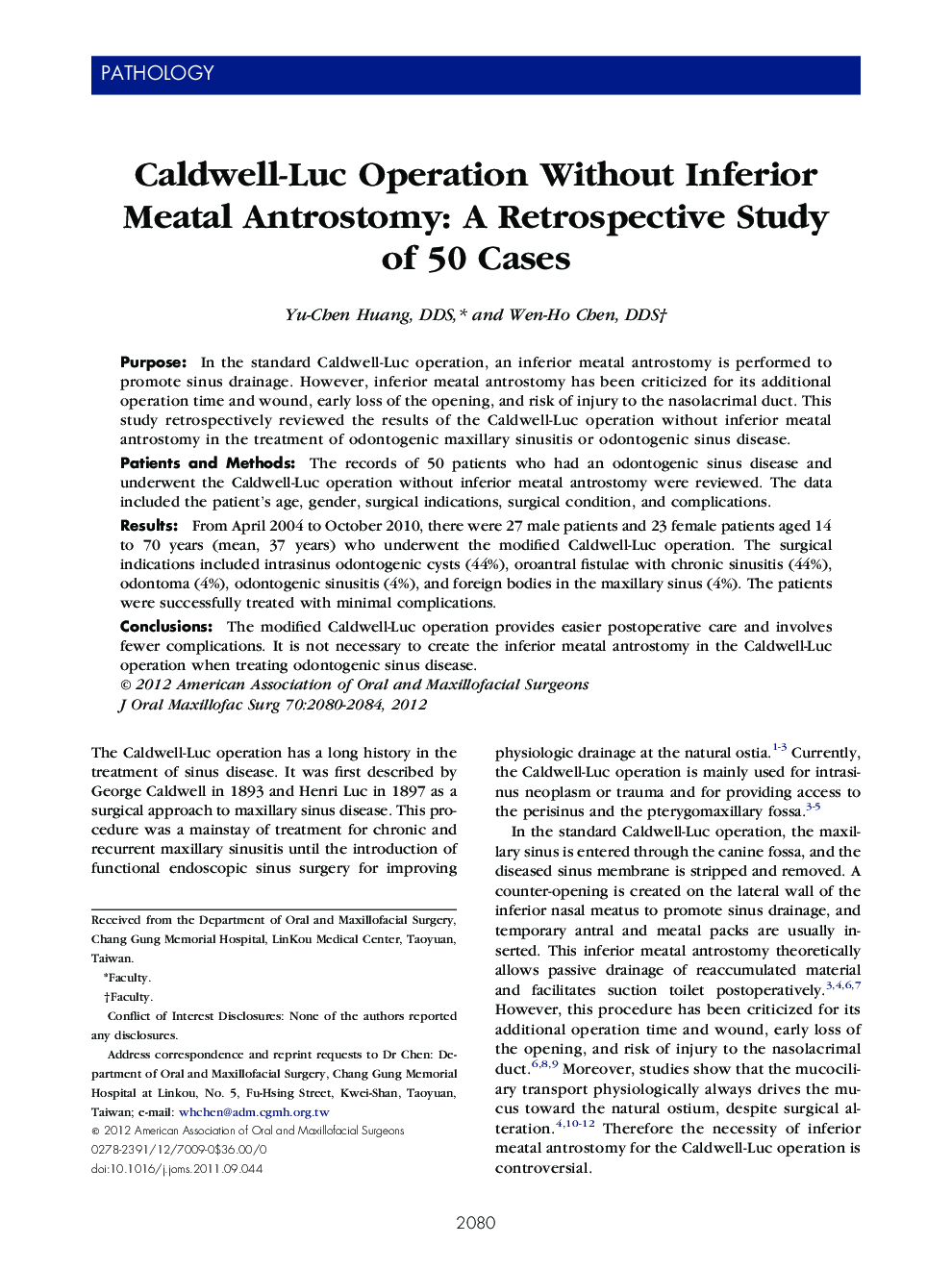 Caldwell-Luc Operation Without Inferior Meatal Antrostomy: A Retrospective Study of 50 Cases 