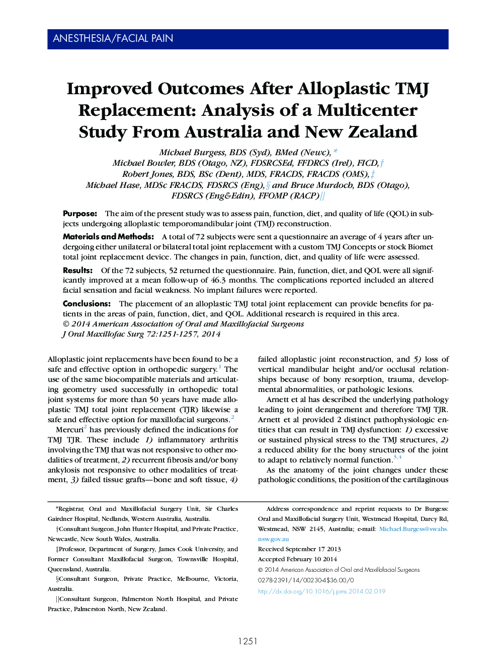 Improved Outcomes After Alloplastic TMJ Replacement: Analysis of a Multicenter Study From Australia and New Zealand