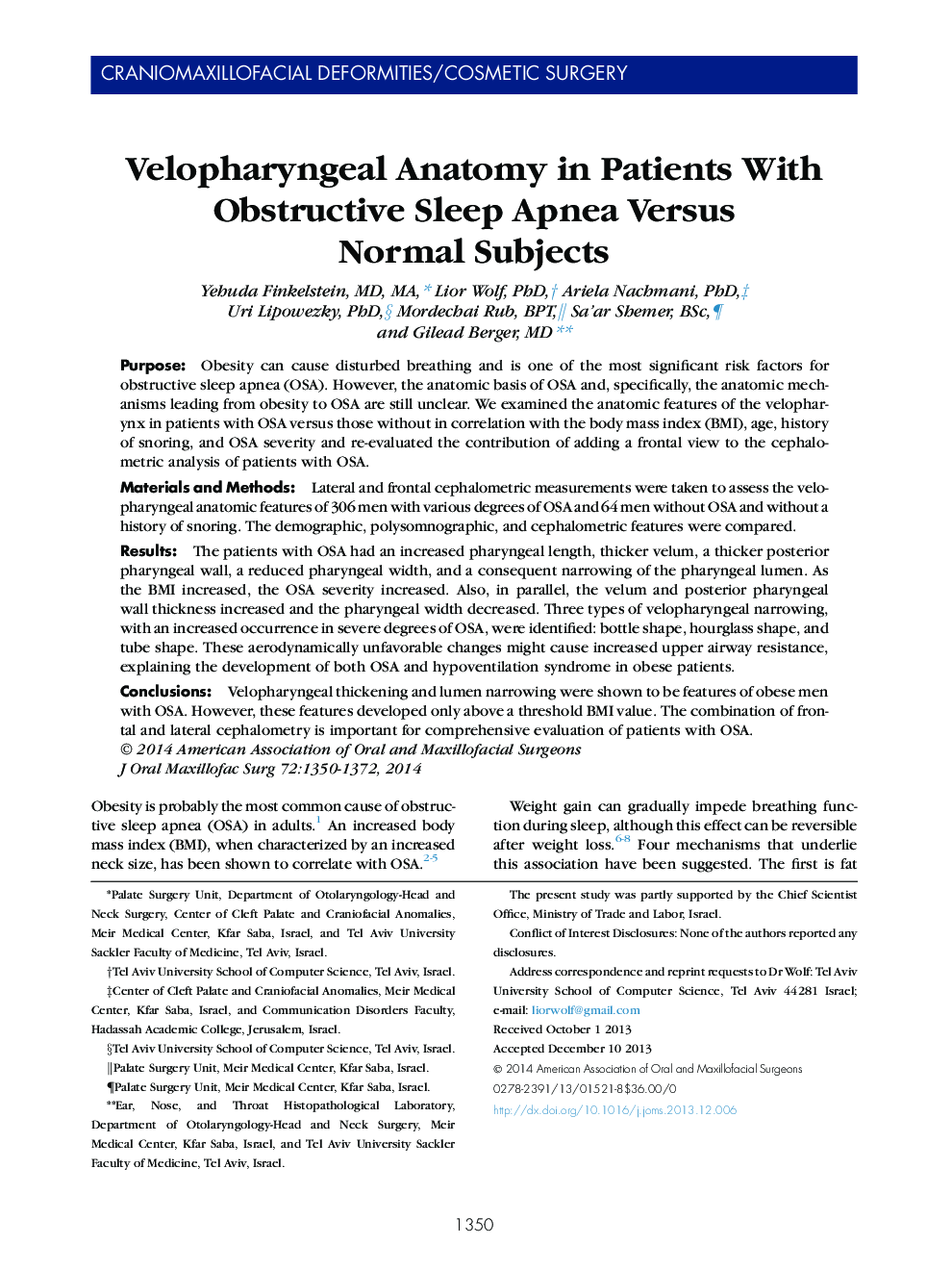 Velopharyngeal Anatomy in Patients With Obstructive Sleep Apnea Versus Normal Subjects