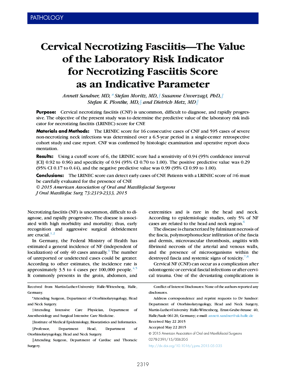 Cervical Necrotizing Fasciitis—The Value of the Laboratory Risk Indicator for Necrotizing Fasciitis Score as an Indicative Parameter 