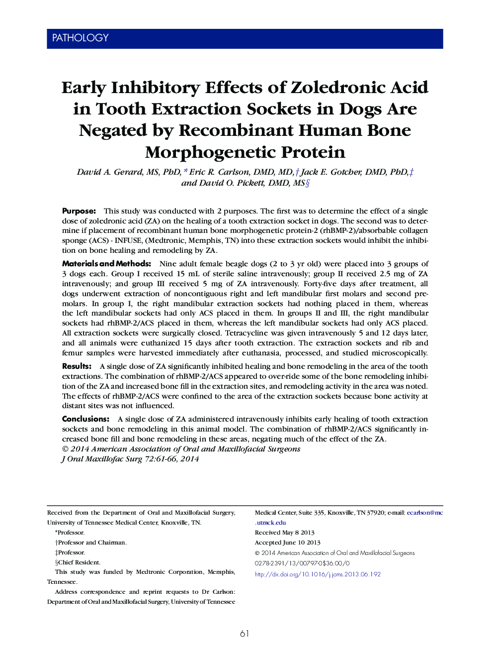 Early Inhibitory Effects of Zoledronic Acid in Tooth Extraction Sockets in Dogs Are Negated by Recombinant Human Bone Morphogenetic Protein