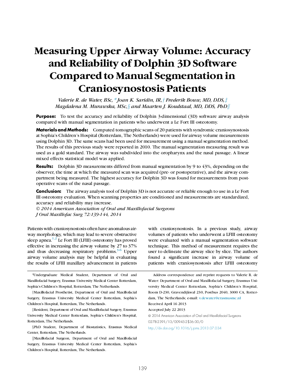 Measuring Upper Airway Volume: Accuracy and Reliability of Dolphin 3D Software Compared to Manual Segmentation in Craniosynostosis Patients