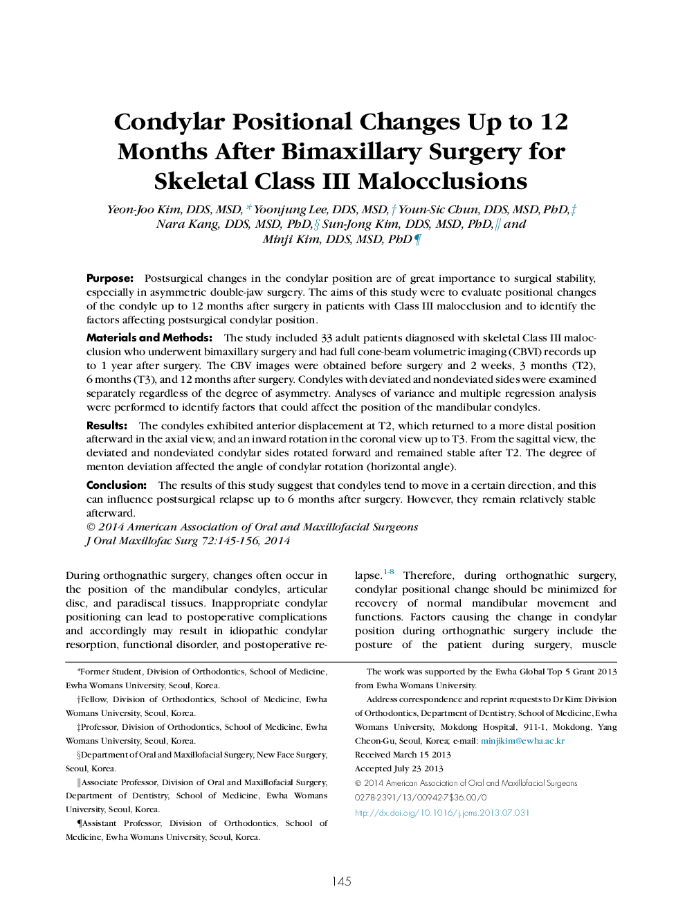 Condylar Positional Changes Up to 12 Months After Bimaxillary Surgery for Skeletal Class III Malocclusions 