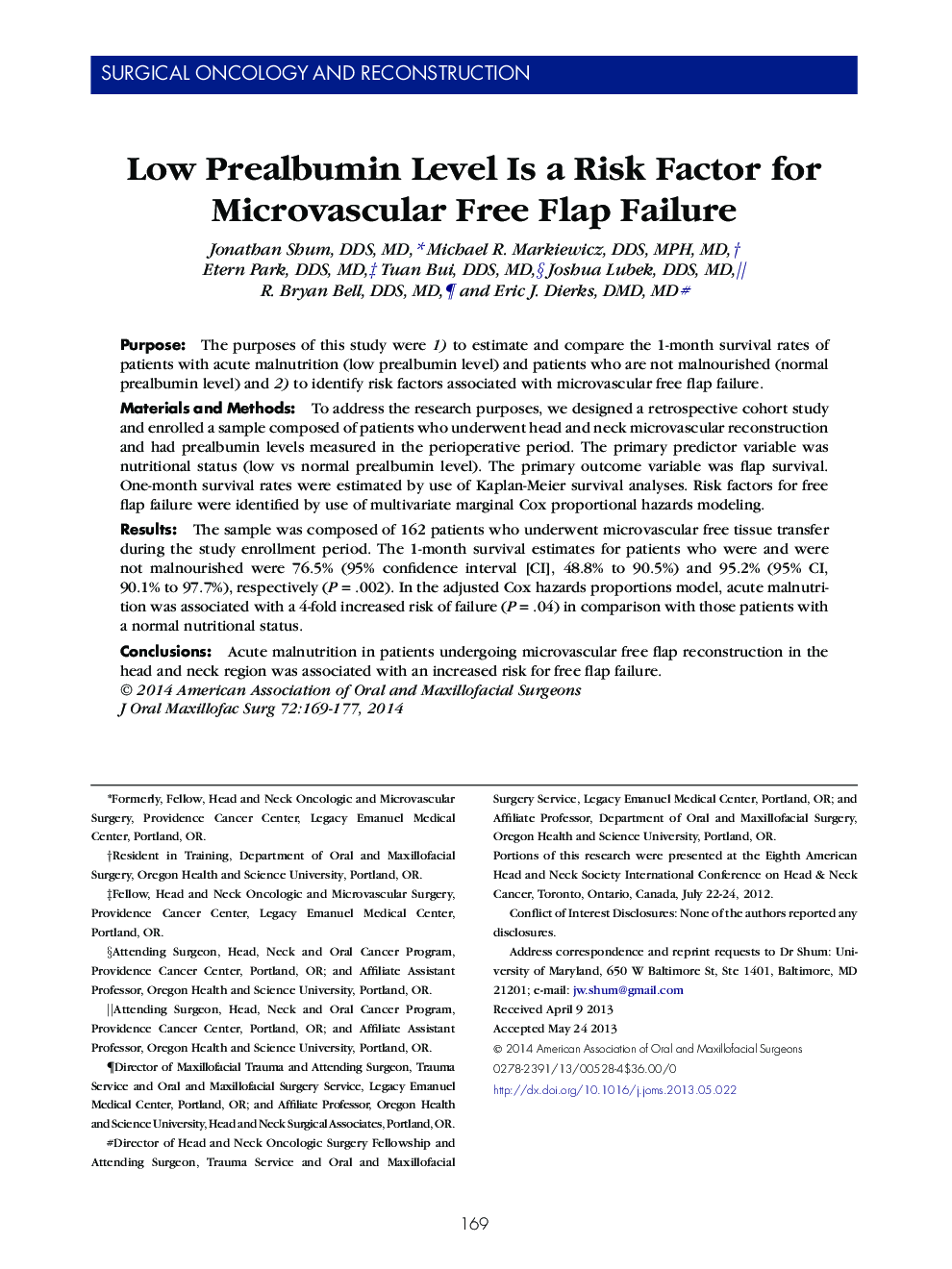 Low Prealbumin Level Is a Risk Factor for Microvascular Free Flap Failure 