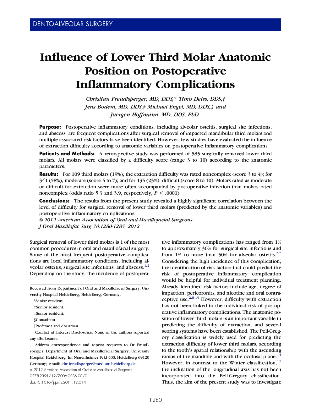 Influence of Lower Third Molar Anatomic Position on Postoperative Inflammatory Complications 