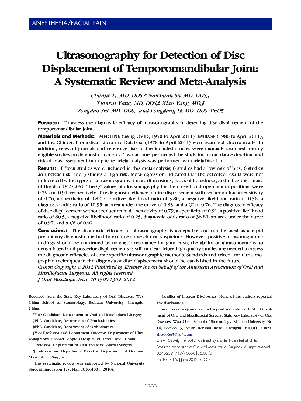 Ultrasonography for Detection of Disc Displacement of Temporomandibular Joint: A Systematic Review and Meta-Analysis 