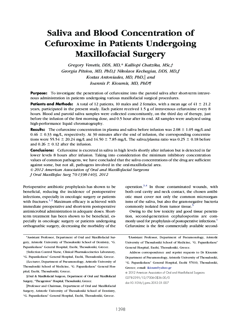 Saliva and Blood Concentration of Cefuroxime in Patients Undergoing Maxillofacial Surgery