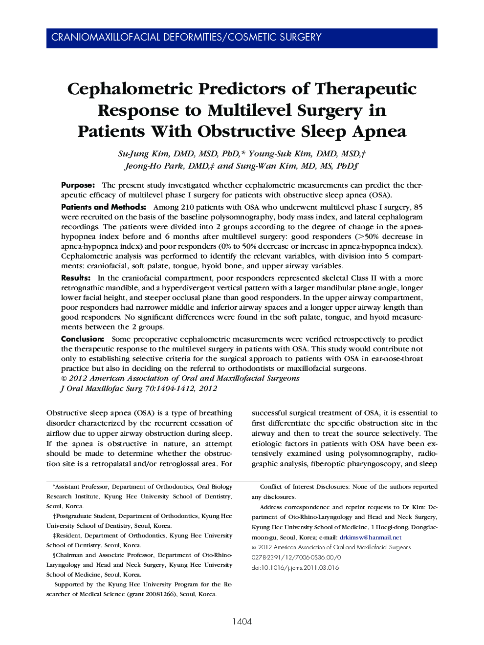 Cephalometric Predictors of Therapeutic Response to Multilevel Surgery in Patients With Obstructive Sleep Apnea 