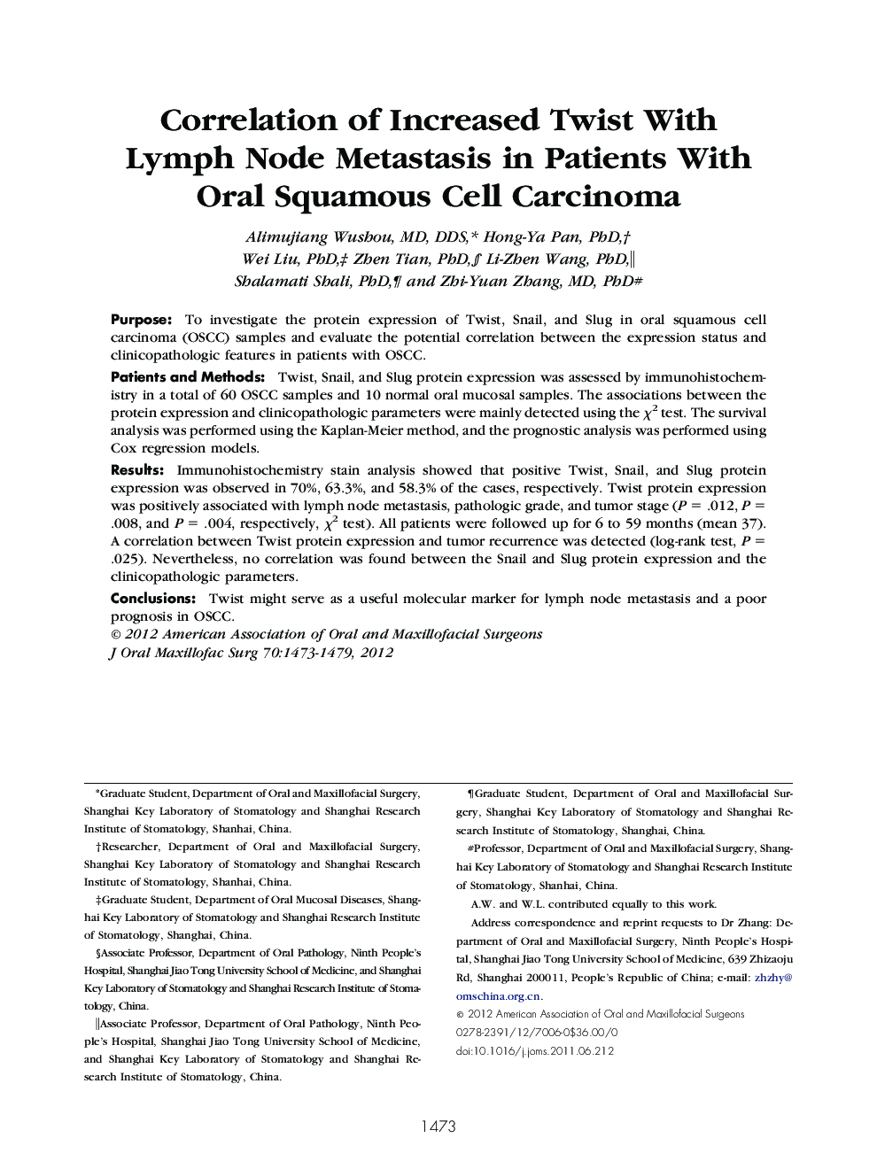 Correlation of Increased Twist With Lymph Node Metastasis in Patients With Oral Squamous Cell Carcinoma 