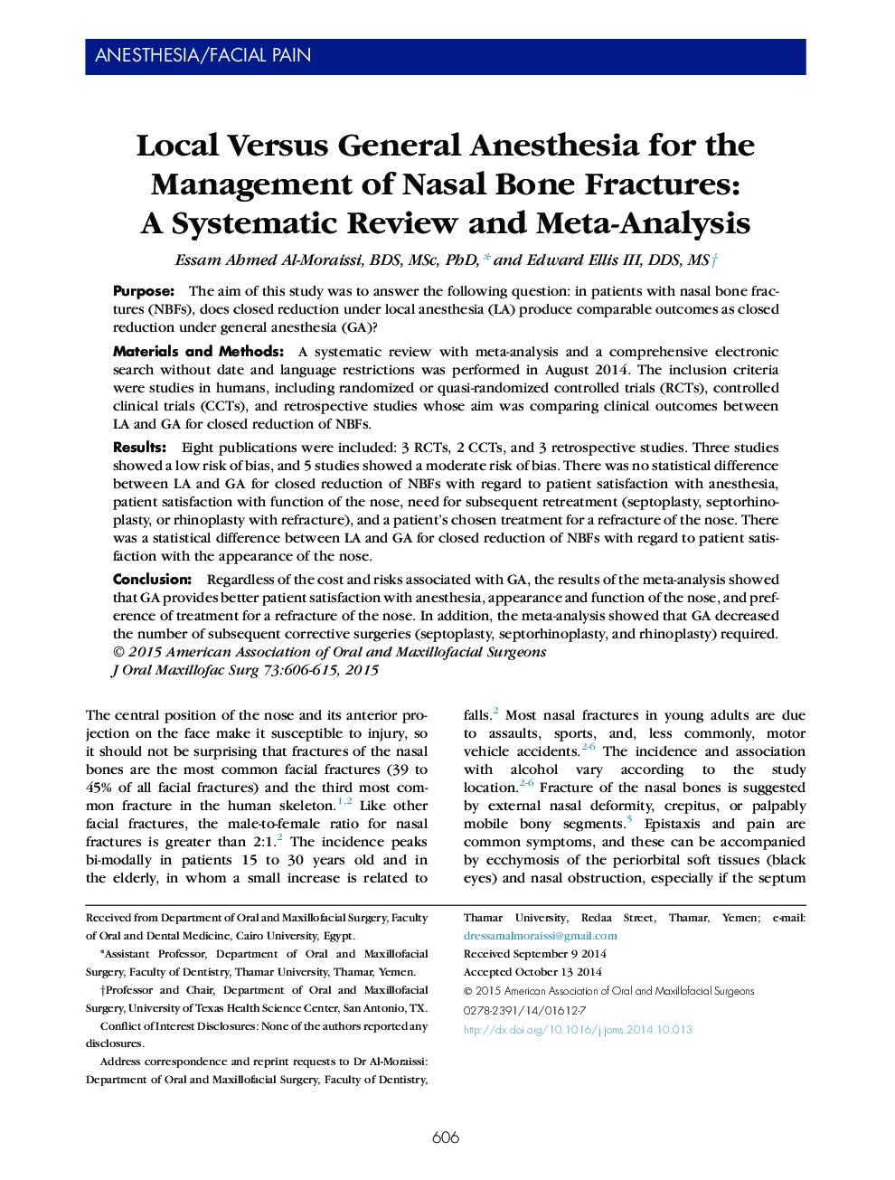 Local Versus General Anesthesia for the Management of Nasal Bone Fractures: A Systematic Review and Meta-Analysis 