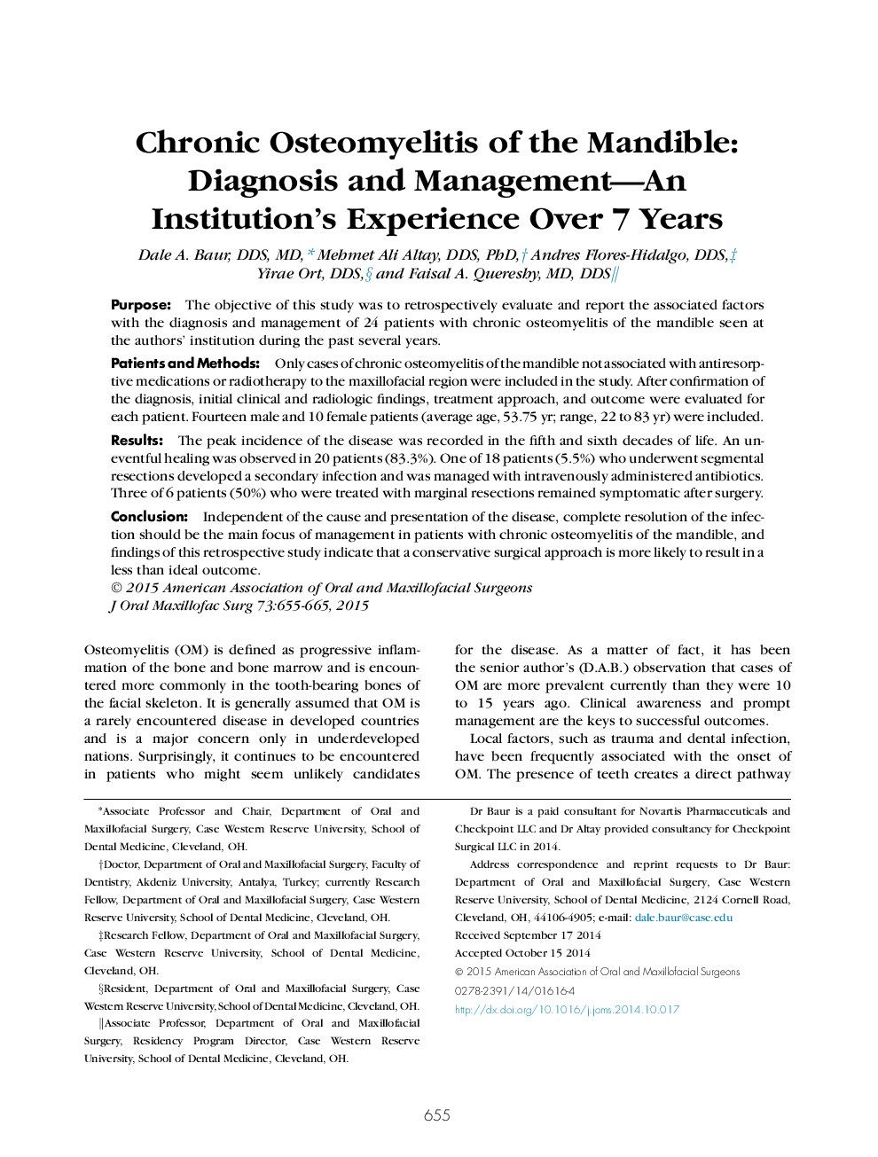 Chronic Osteomyelitis of the Mandible: Diagnosis and Management—An Institution's Experience Over 7 Years 