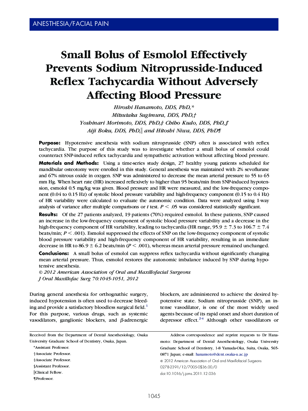 Small Bolus of Esmolol Effectively Prevents Sodium Nitroprusside-Induced Reflex Tachycardia Without Adversely Affecting Blood Pressure