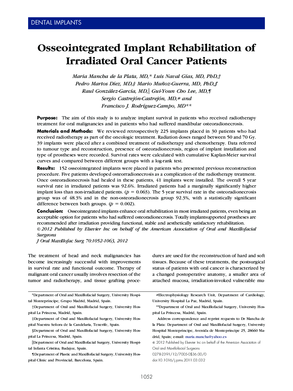 Osseointegrated Implant Rehabilitation of Irradiated Oral Cancer Patients