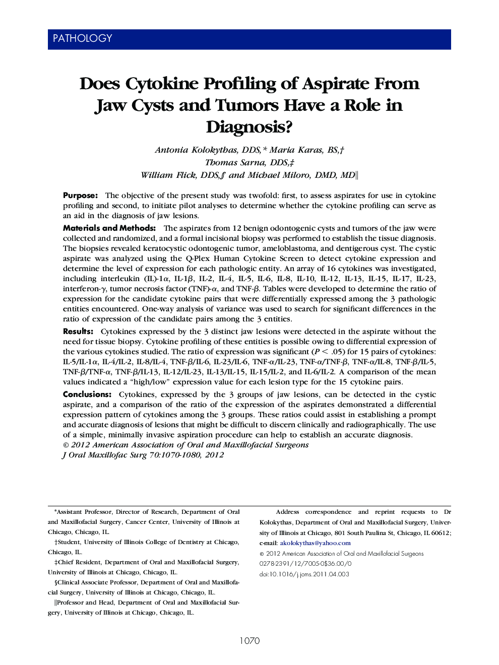 Does Cytokine Profiling of Aspirate From Jaw Cysts and Tumors Have a Role in Diagnosis?