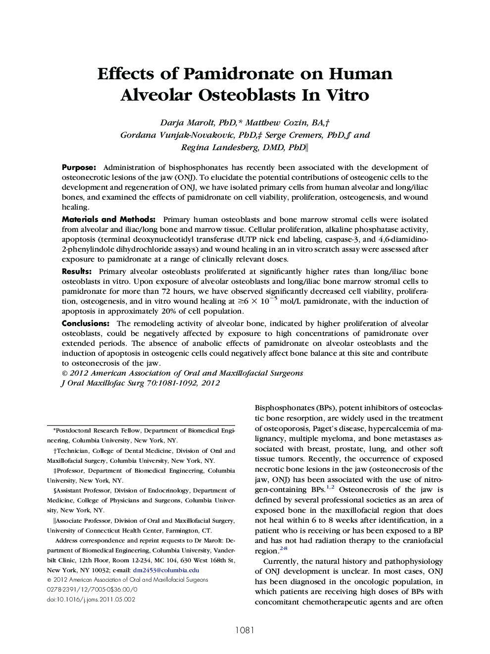 Effects of Pamidronate on Human Alveolar Osteoblasts In Vitro