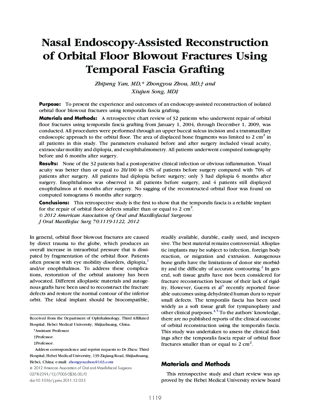 Nasal Endoscopy-Assisted Reconstruction of Orbital Floor Blowout Fractures Using Temporal Fascia Grafting