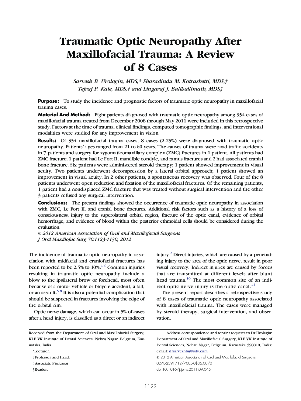 Traumatic Optic Neuropathy After Maxillofacial Trauma: A Review of 8 Cases