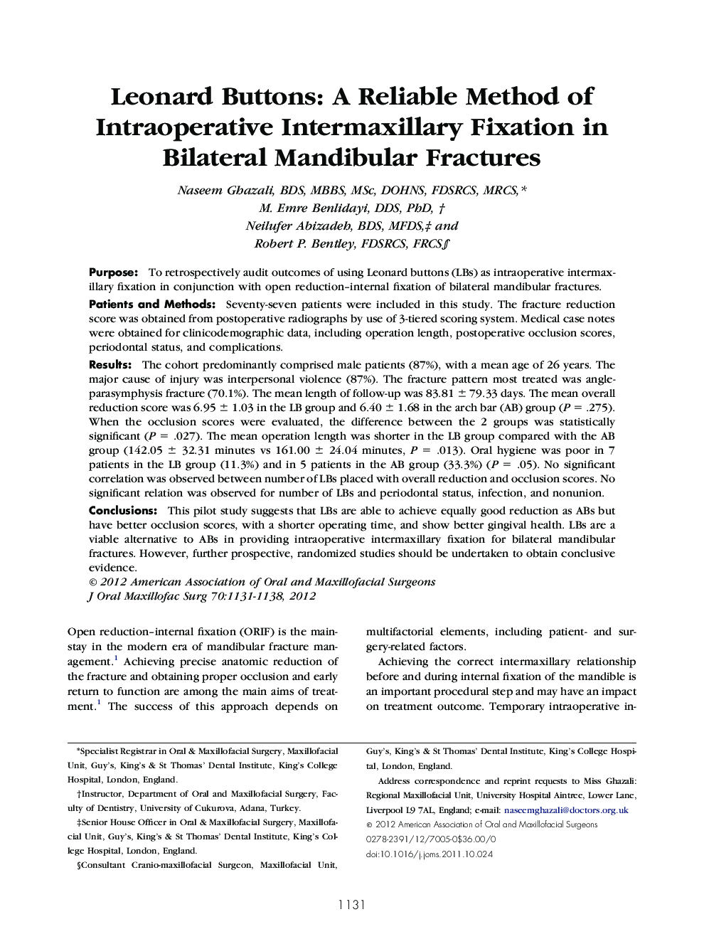 Leonard Buttons: A Reliable Method of Intraoperative Intermaxillary Fixation in Bilateral Mandibular Fractures