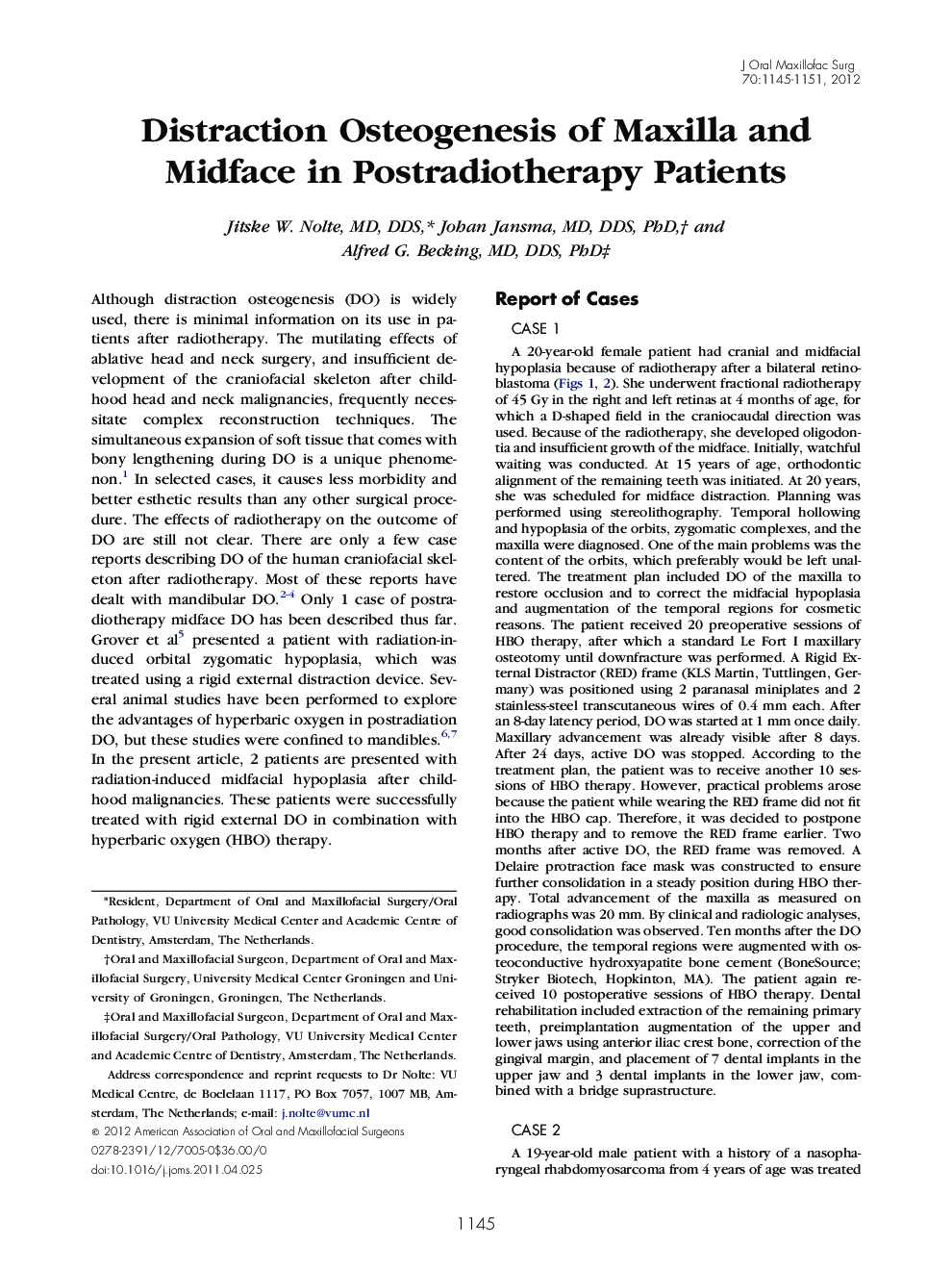 Distraction Osteogenesis of Maxilla and Midface in Postradiotherapy Patients