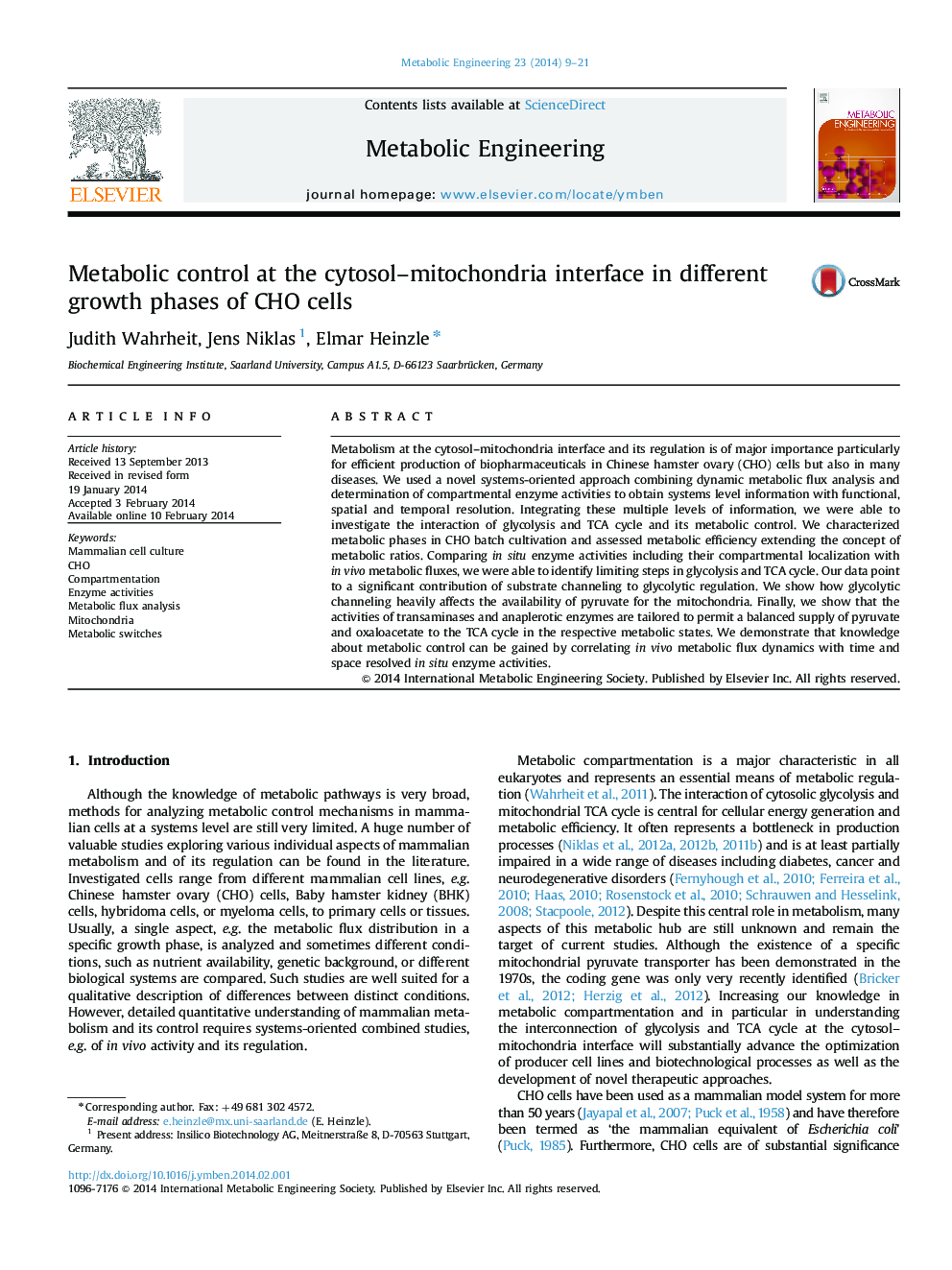 Metabolic control at the cytosol–mitochondria interface in different growth phases of CHO cells