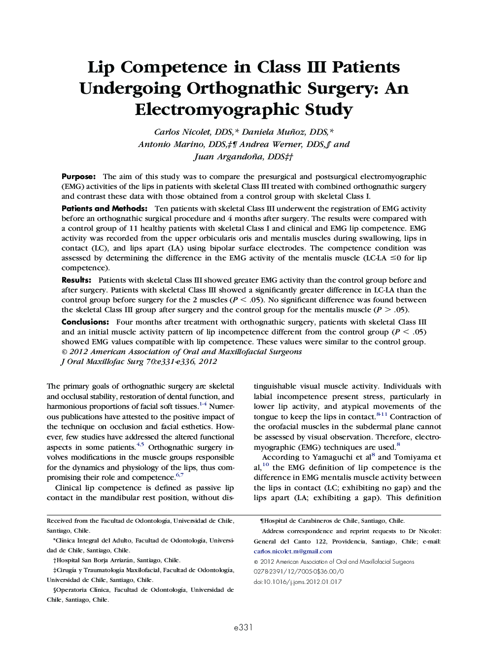 Lip Competence in Class III Patients Undergoing Orthognathic Surgery: An Electromyographic Study