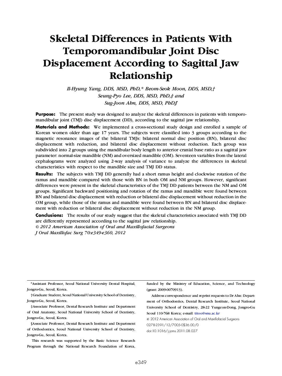 Skeletal Differences in Patients With Temporomandibular Joint Disc Displacement According to Sagittal Jaw Relationship 