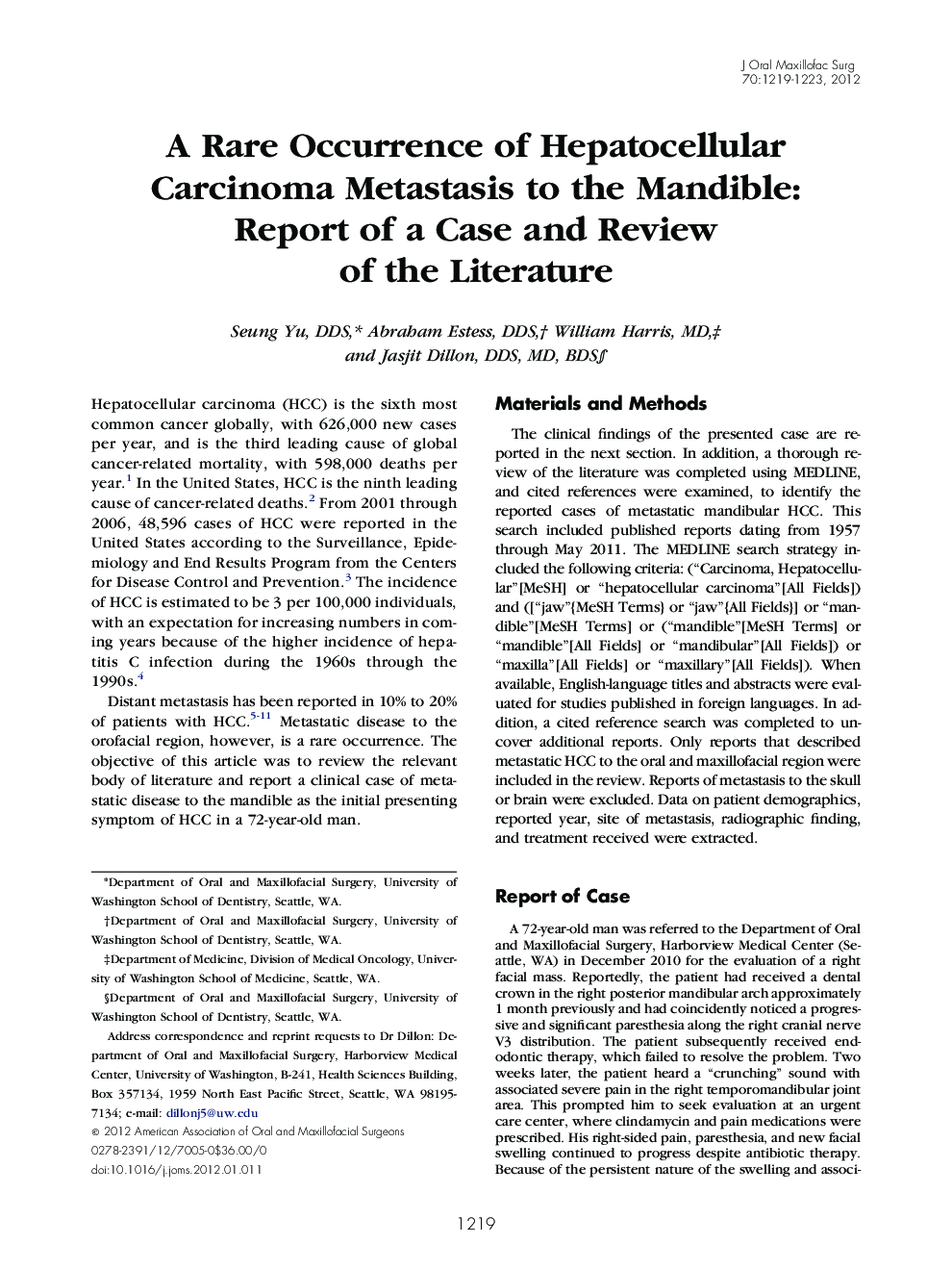 A Rare Occurrence of Hepatocellular Carcinoma Metastasis to the Mandible: Report of a Case and Review of the Literature