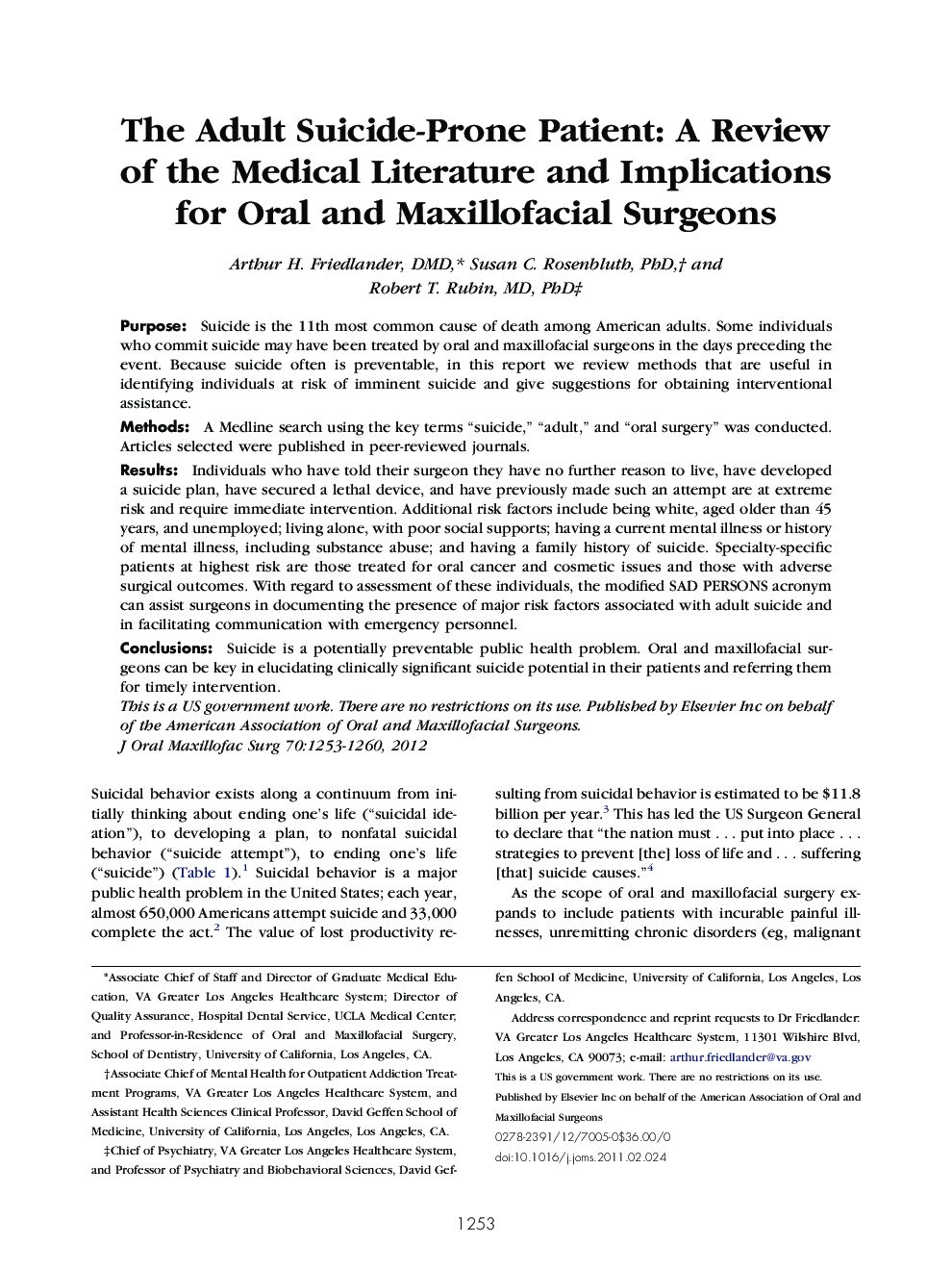 The Adult Suicide-Prone Patient: A Review of the Medical Literature and Implications for Oral and Maxillofacial Surgeons 