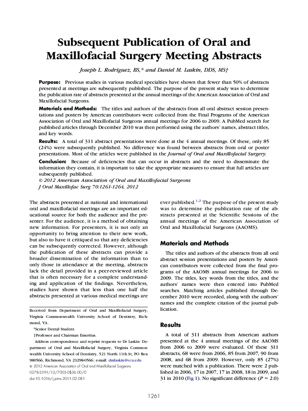 Subsequent Publication of Oral and Maxillofacial Surgery Meeting Abstracts