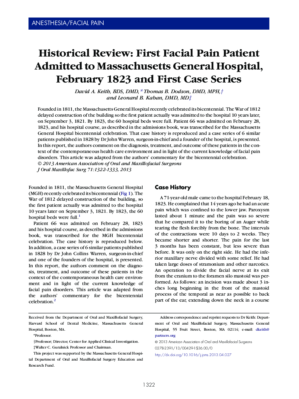 Historical Review: First Facial Pain Patient Admitted to Massachusetts General Hospital, February 1823 and First Case Series 