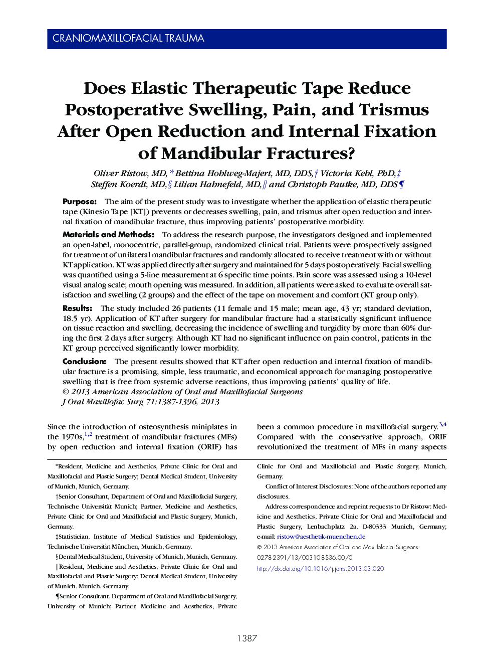 Does Elastic Therapeutic Tape Reduce Postoperative Swelling, Pain, and Trismus After Open Reduction and Internal Fixation of Mandibular Fractures? 