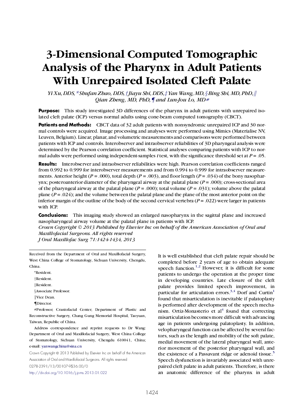 3-Dimensional Computed Tomographic Analysis of the Pharynx in Adult Patients With Unrepaired Isolated Cleft Palate