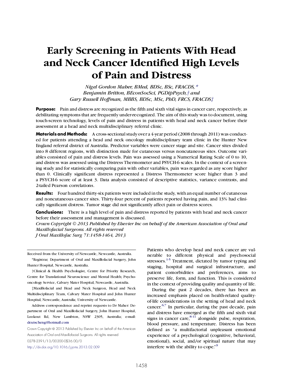 Early Screening in Patients With Head and Neck Cancer Identified High Levels of Pain and Distress