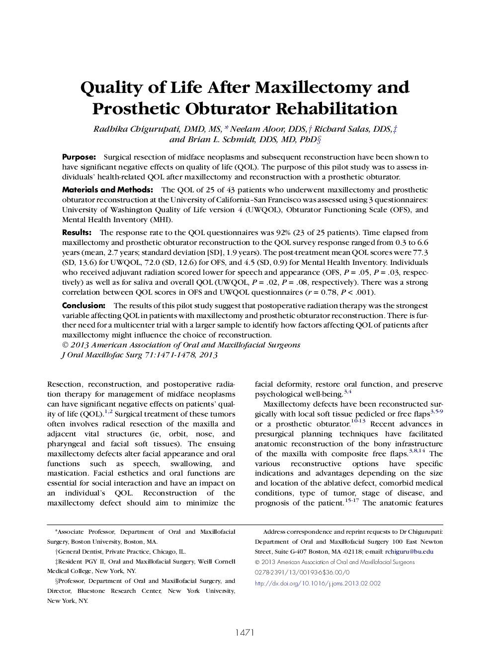 Quality of Life After Maxillectomy and Prosthetic Obturator Rehabilitation