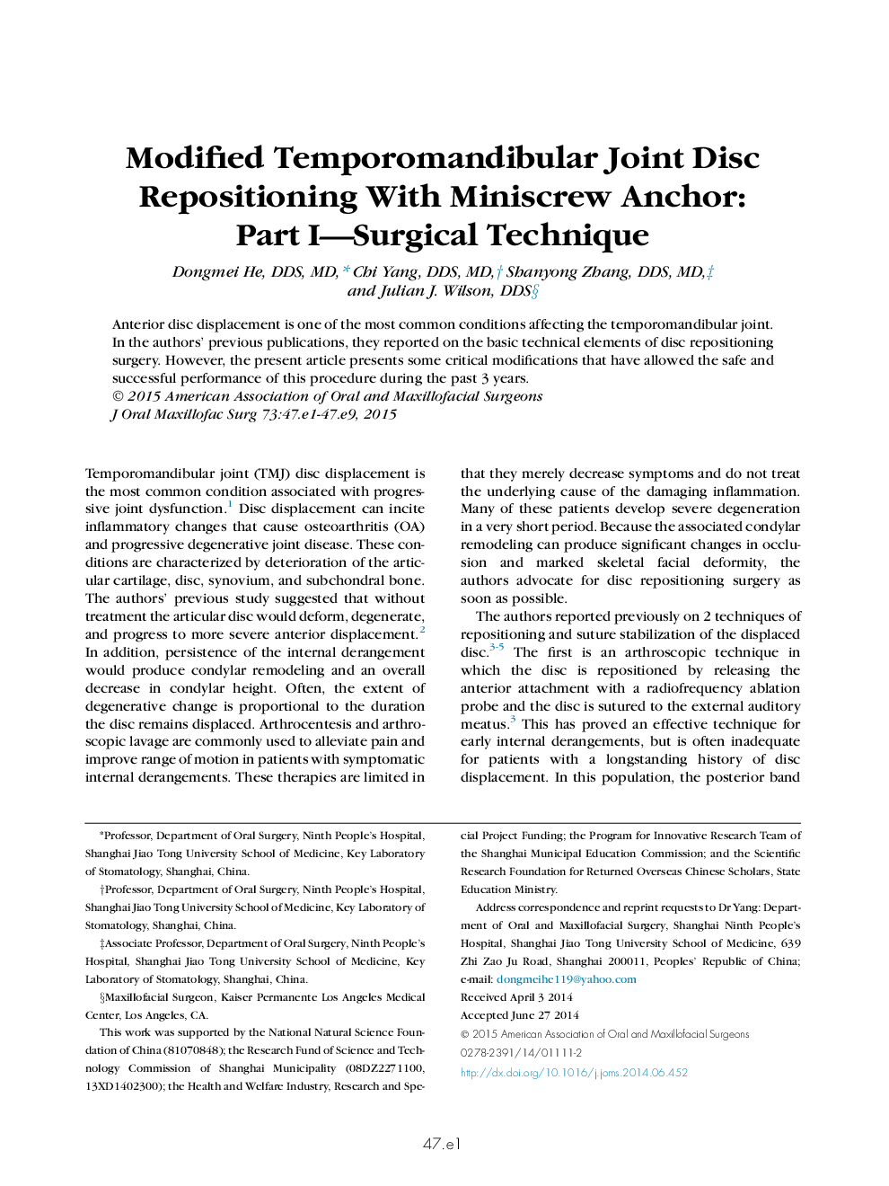 Modified Temporomandibular Joint Disc Repositioning With Miniscrew Anchor: Part I-Surgical Technique