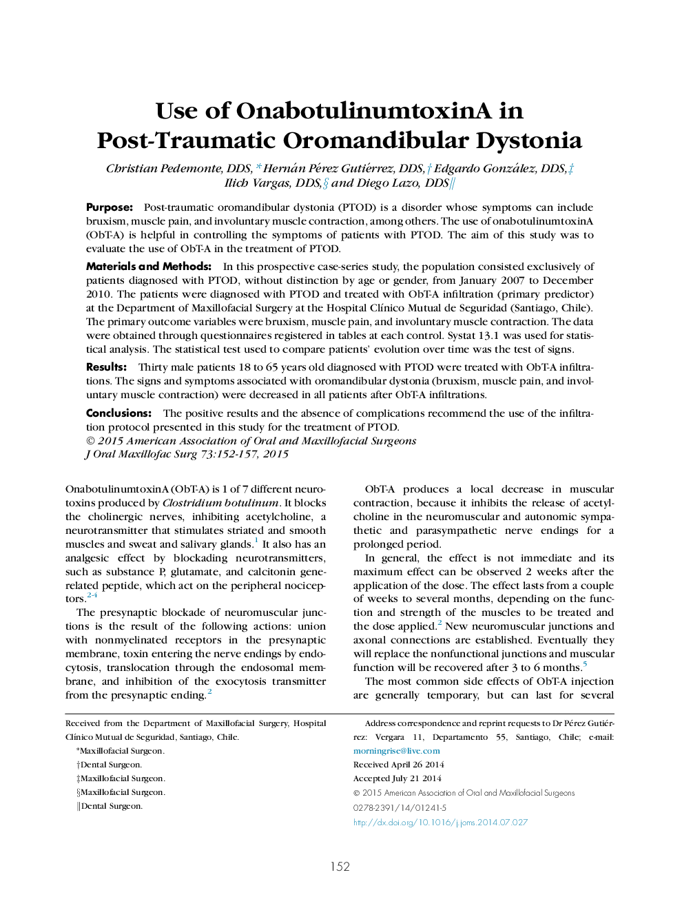 Use of OnabotulinumtoxinA in Post-Traumatic Oromandibular Dystonia