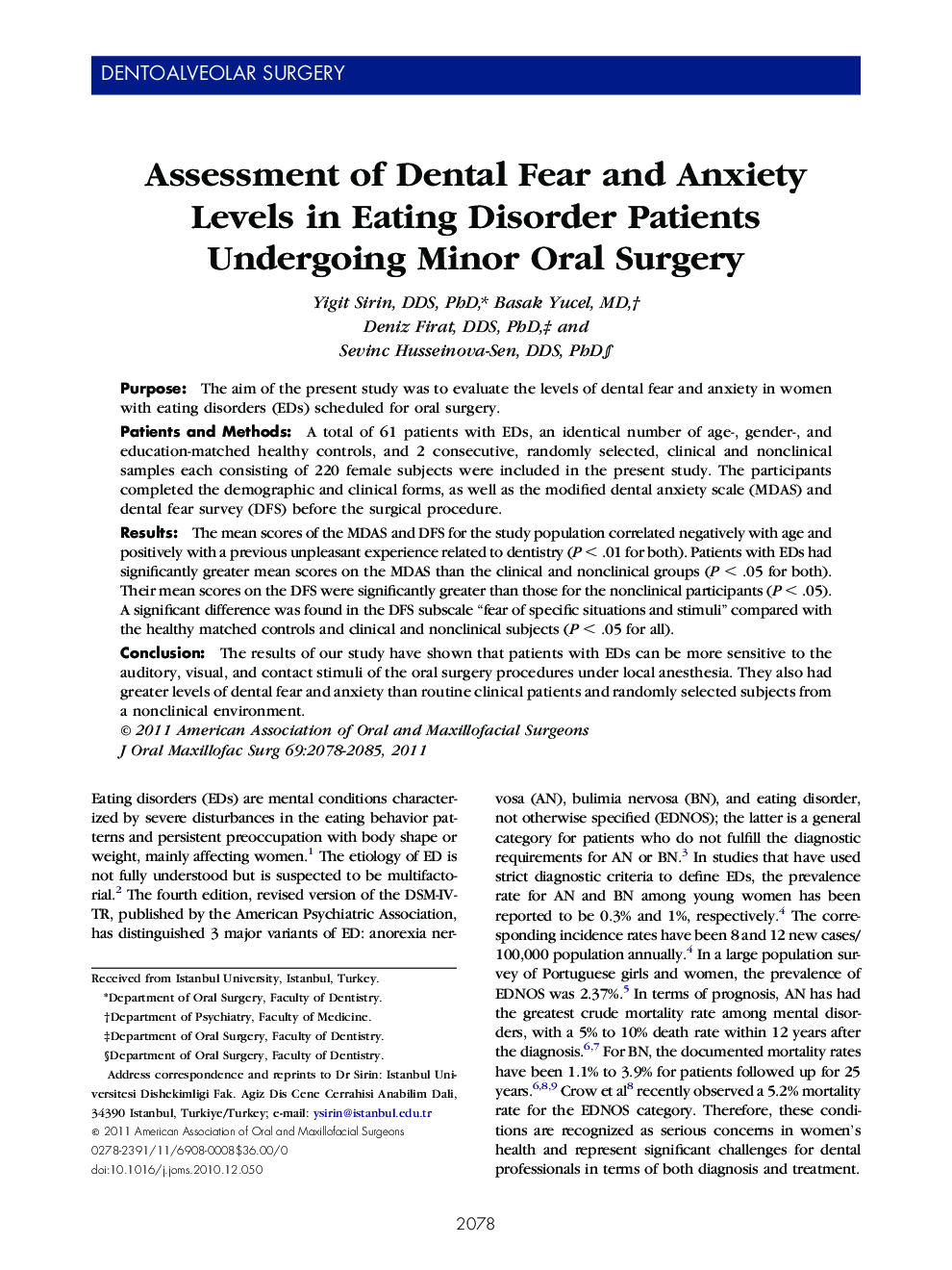 Assessment of Dental Fear and Anxiety Levels in Eating Disorder Patients Undergoing Minor Oral Surgery