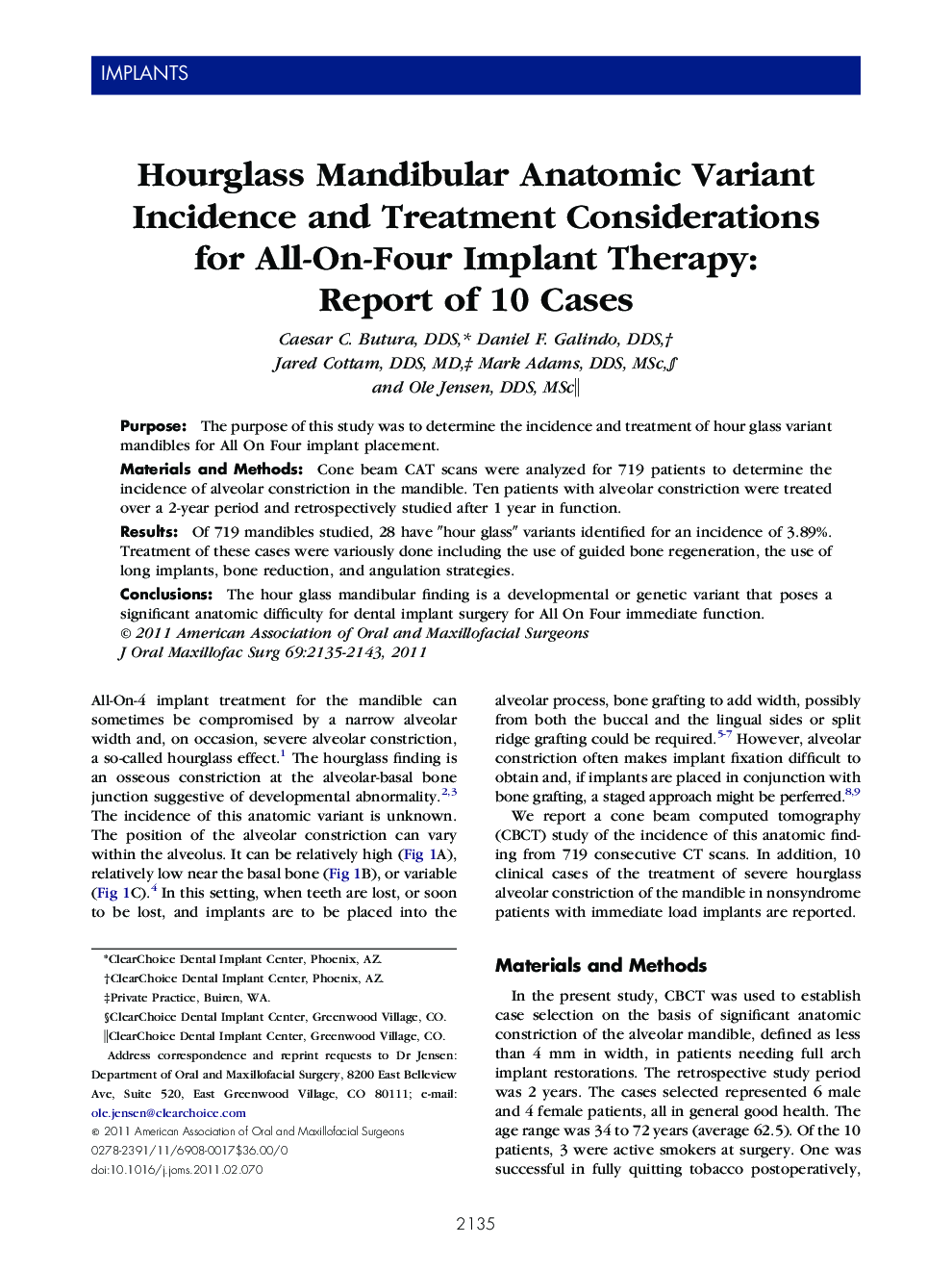 Hourglass Mandibular Anatomic Variant Incidence and Treatment Considerations for All-On-Four Implant Therapy: Report of 10 Cases