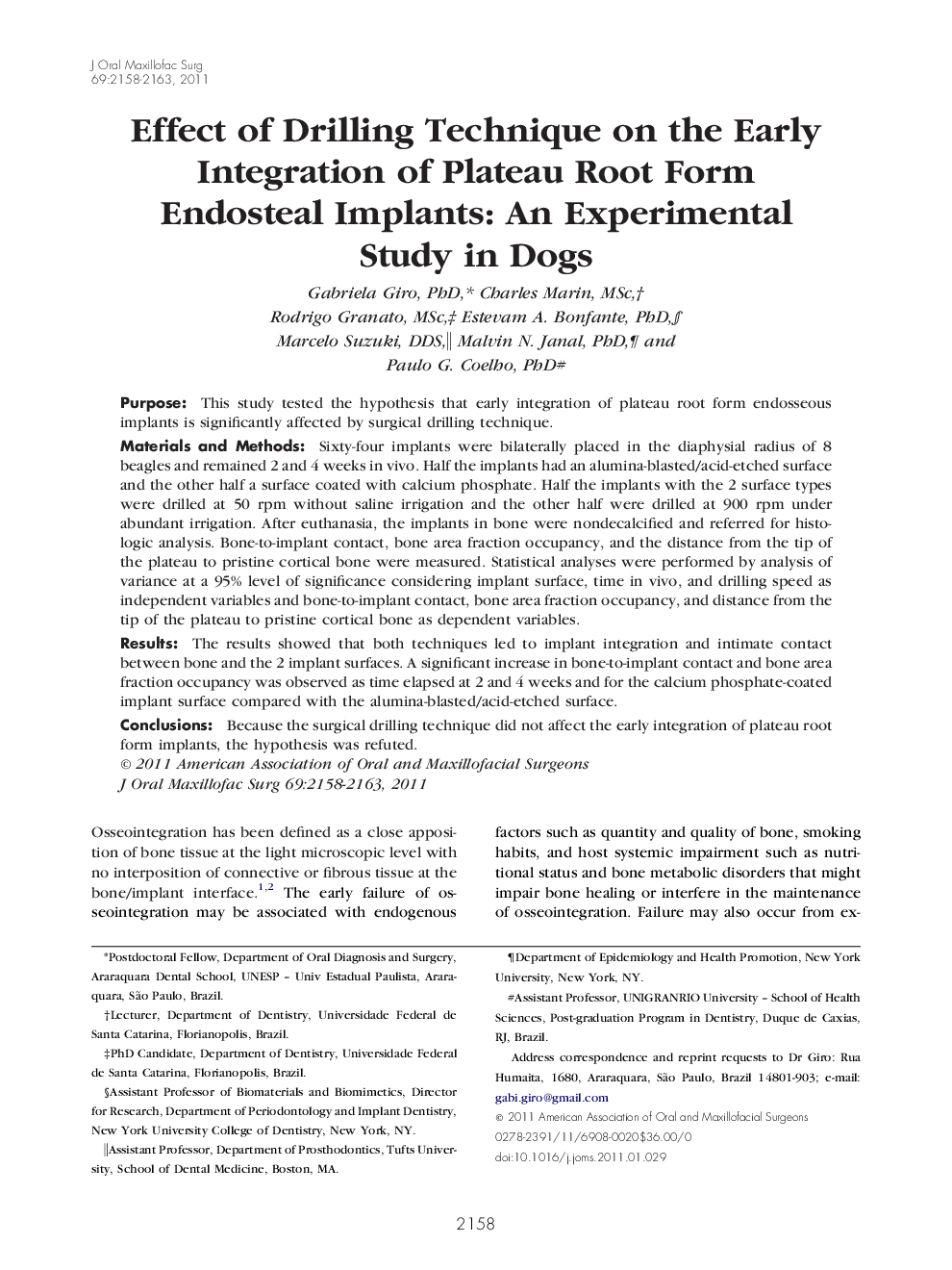 Effect of Drilling Technique on the Early Integration of Plateau Root Form Endosteal Implants: An Experimental Study in Dogs