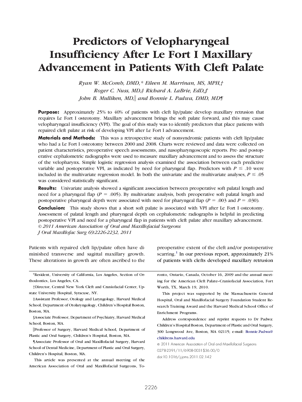 عکس صفحه اول مقاله: Predictors of Velopharyngeal Insufficiency After Le Fort I Maxillary Advancement in Patients With Cleft Palate Predictors of Velopharyngeal Insufficiency After Le Fort I Maxillary Advancement in Patients With Cleft Palate