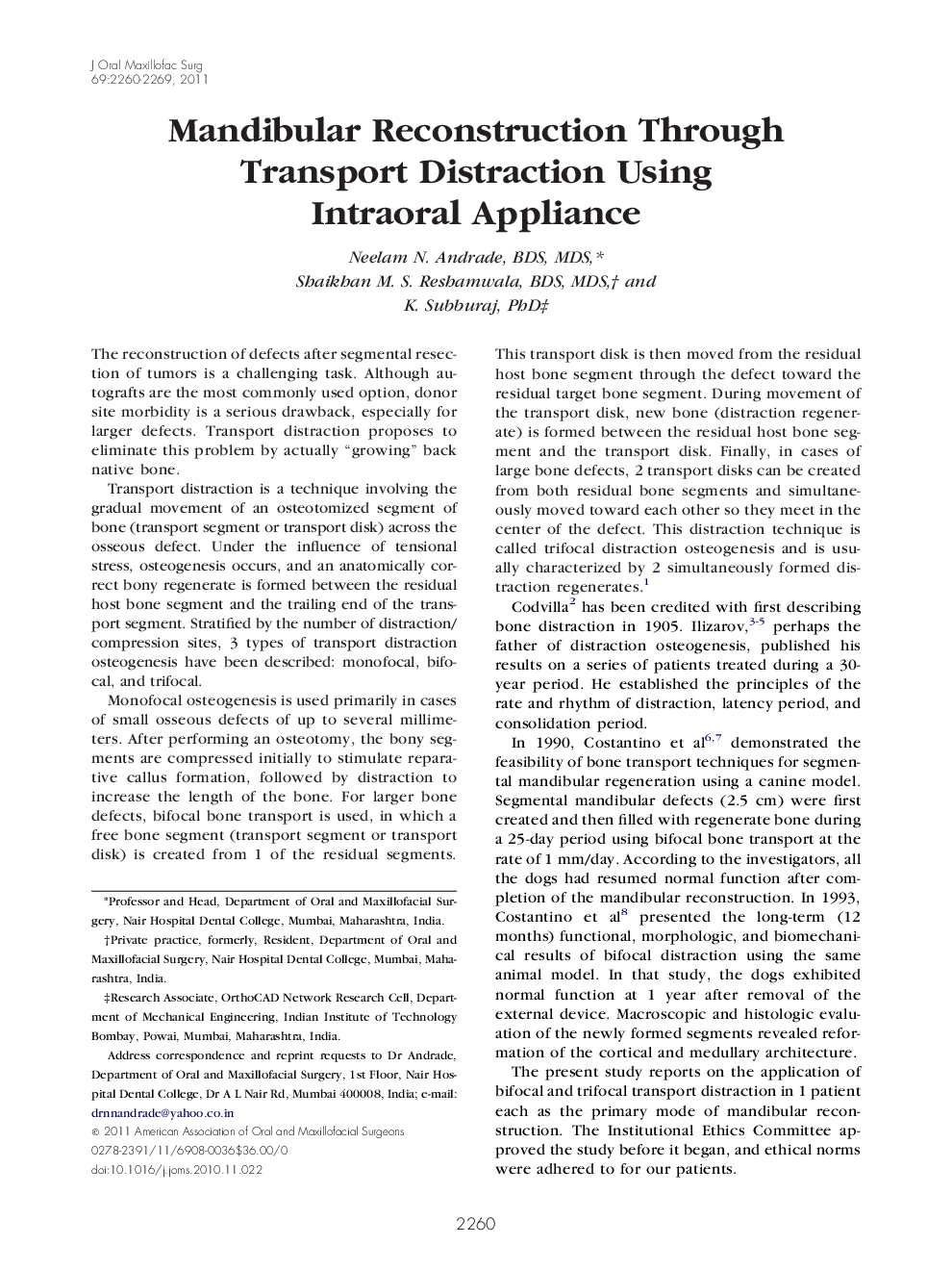 عکس صفحه اول مقاله: Mandibular Reconstruction Through Transport Distraction Using Intraoral Appliance Mandibular Reconstruction Through Transport Distraction Using Intraoral Appliance