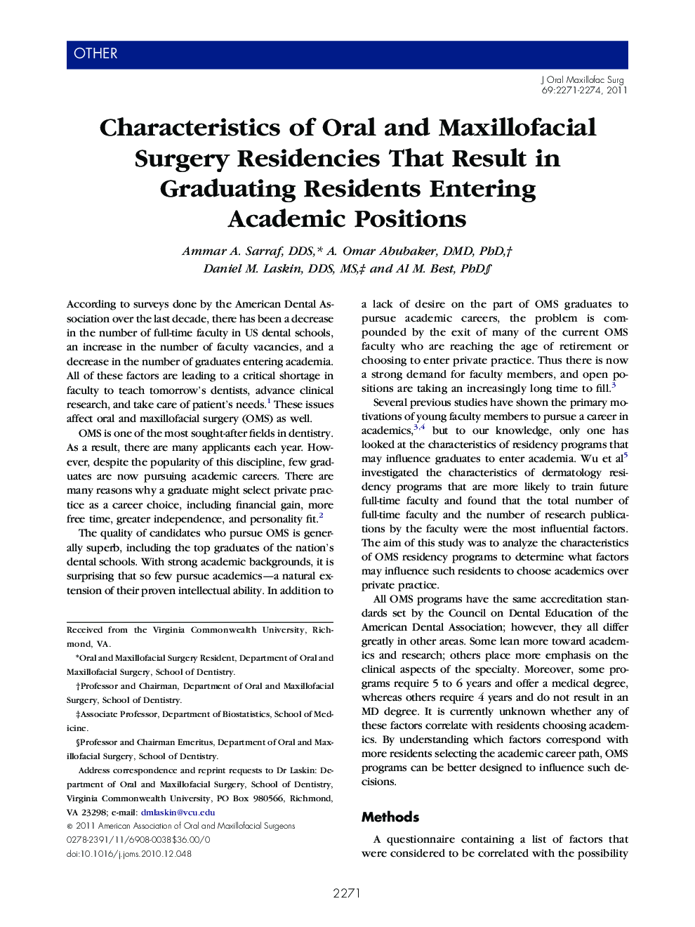 Characteristics of Oral and Maxillofacial Surgery Residencies That Result in Graduating Residents Entering Academic Positions