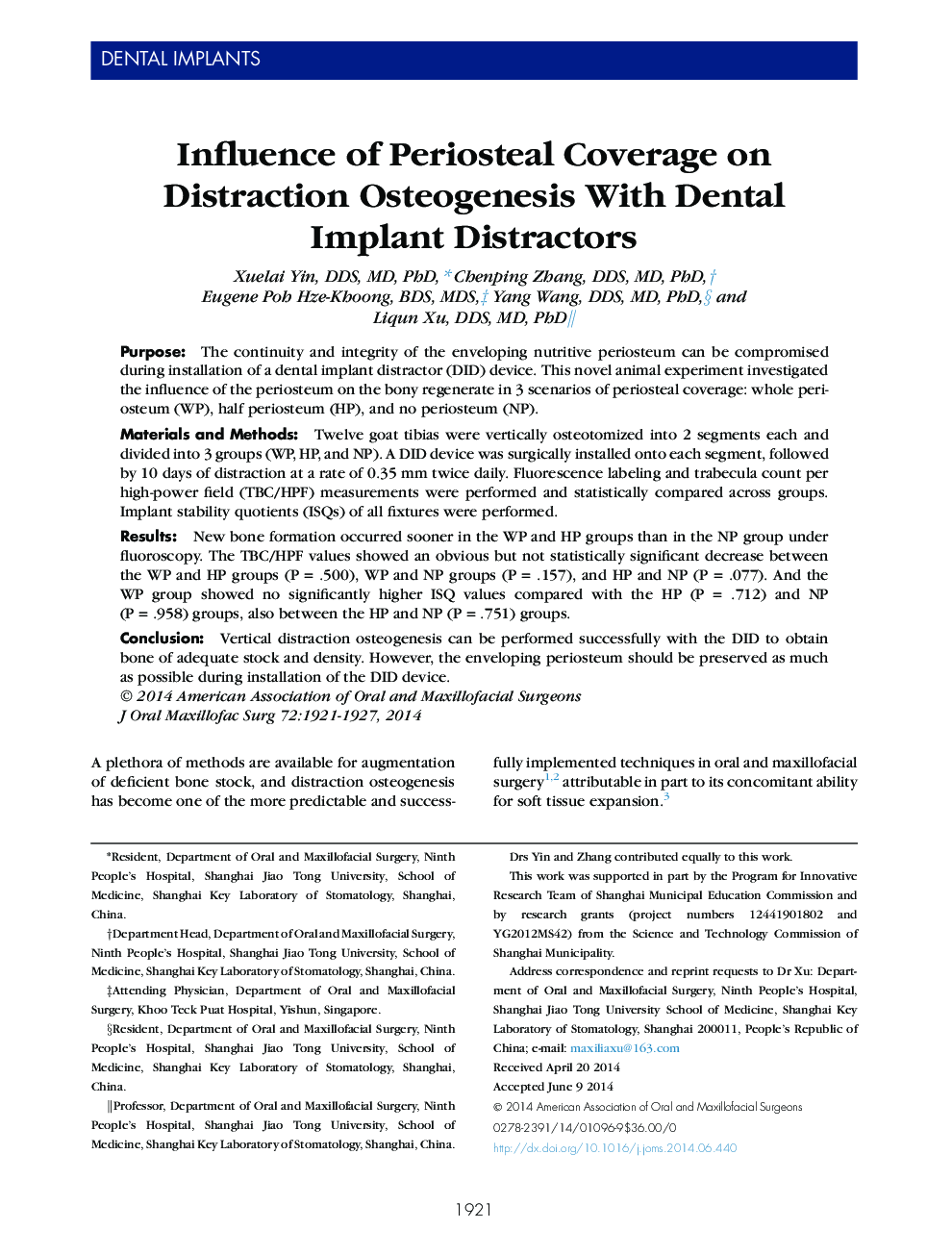 تأثیر پوشش پریستستال بر استئوژنز منحرف کردن با کشنده های ایمپلنت دندانی 