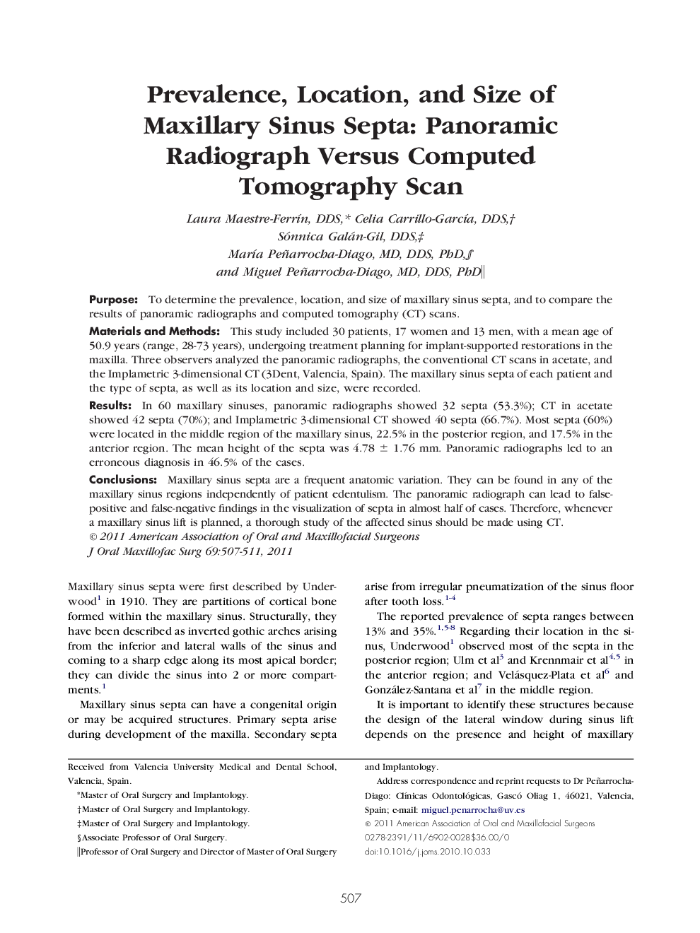 Prevalence, Location, and Size of Maxillary Sinus Septa: Panoramic Radiograph Versus Computed Tomography Scan